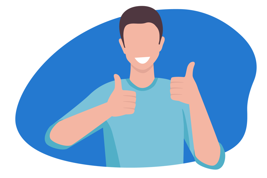 Ilustração de pessoa a sorrir e a mostrar o dedo polegar para indicar satisfação ou felicidade.